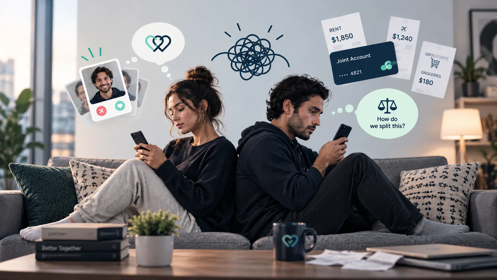 A couple sitting back to back on a couch, each on their phone, surrounded by bills.