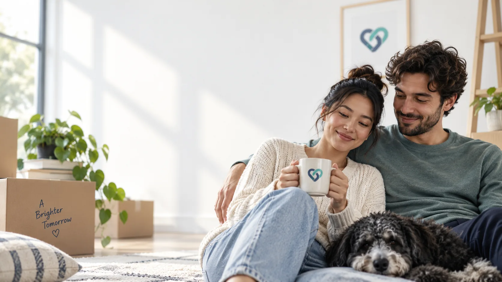 A couple relaxing at home with their dog.