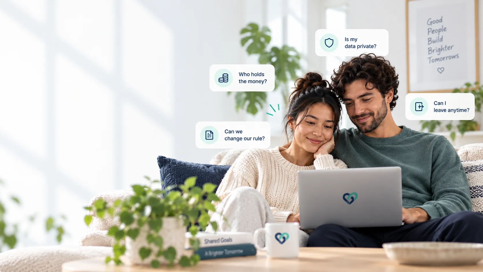 A couple on their sofa with a laptop, surrounded by the questions they want answered: who holds the money, can we change our rule, can I leave anytime.
